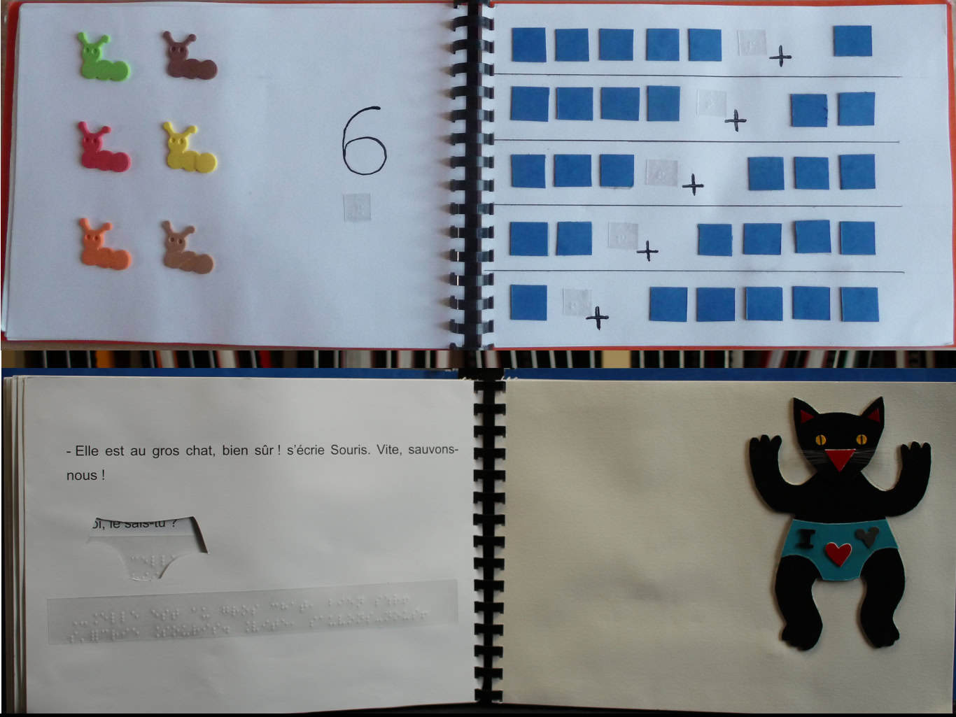 Un collage de quatre pages d'un livre tactile pour enfants : des formes de lapin colorées, des grilles carrées bleues avec des symboles mathématiques, du texte français avec du braille et une figurine de chat en tissu avec un short bleu.