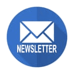 Une icône circulaire bleue avec une enveloppe blanche au centre et le mot "NEWSLETTER" écrit sous l'enveloppe.